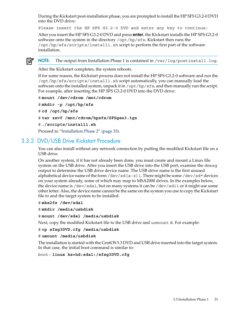2 dvd/usb drive kickstart procedure | HP StorageWorks Scalable File Share User Manual | Page 31 / 84