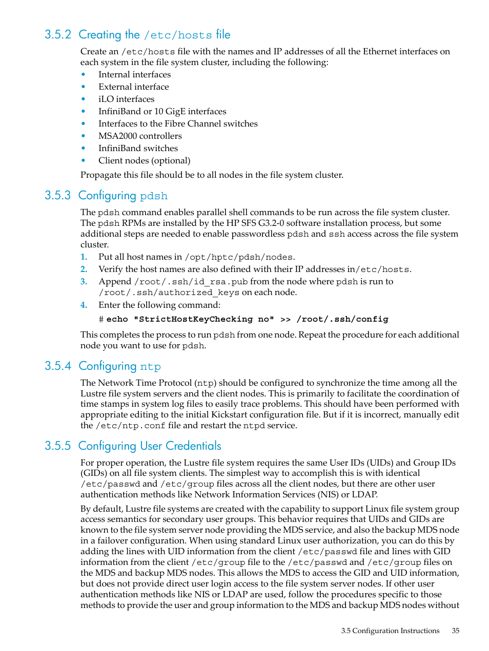 2 creating the /etc/hosts file, 3 configuring pdsh, 4 configuring ntp | 5 configuring user credentials | HP StorageWorks Scalable File Share User Manual | Page 35 / 84