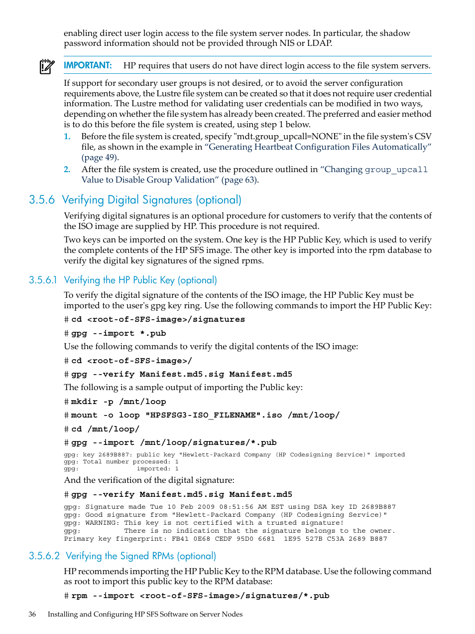 6 verifying digital signatures (optional), 1 verifying the hp public key (optional), 2 verifying the signed rpms (optional) | HP StorageWorks Scalable File Share User Manual | Page 36 / 84