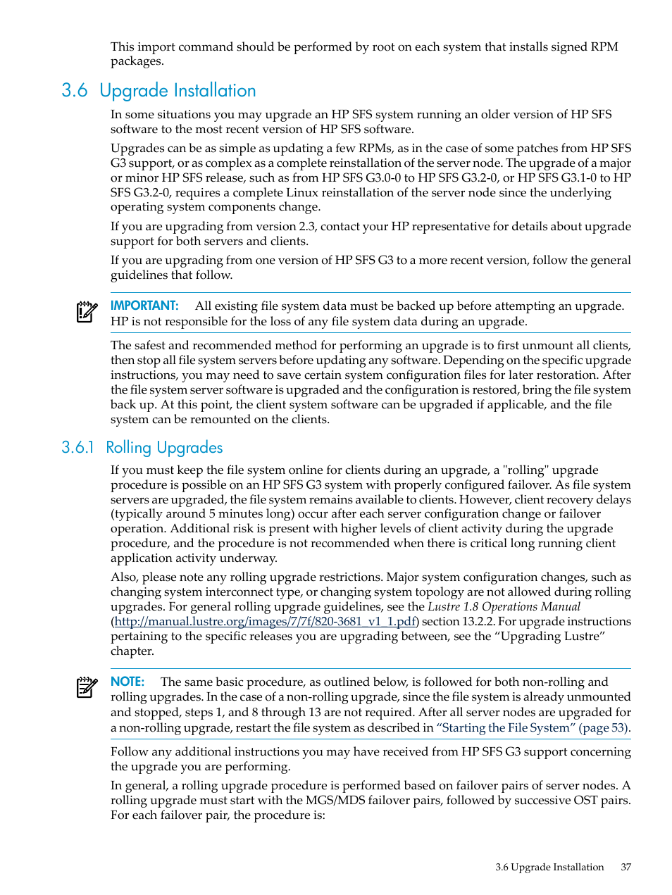 6 upgrade installation, 1 rolling upgrades | HP StorageWorks Scalable File Share User Manual | Page 37 / 84