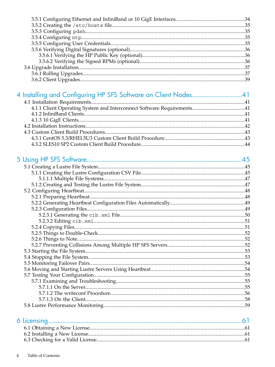 5 using hp sfs software, 6 licensing | HP StorageWorks Scalable File Share User Manual | Page 4 / 84
