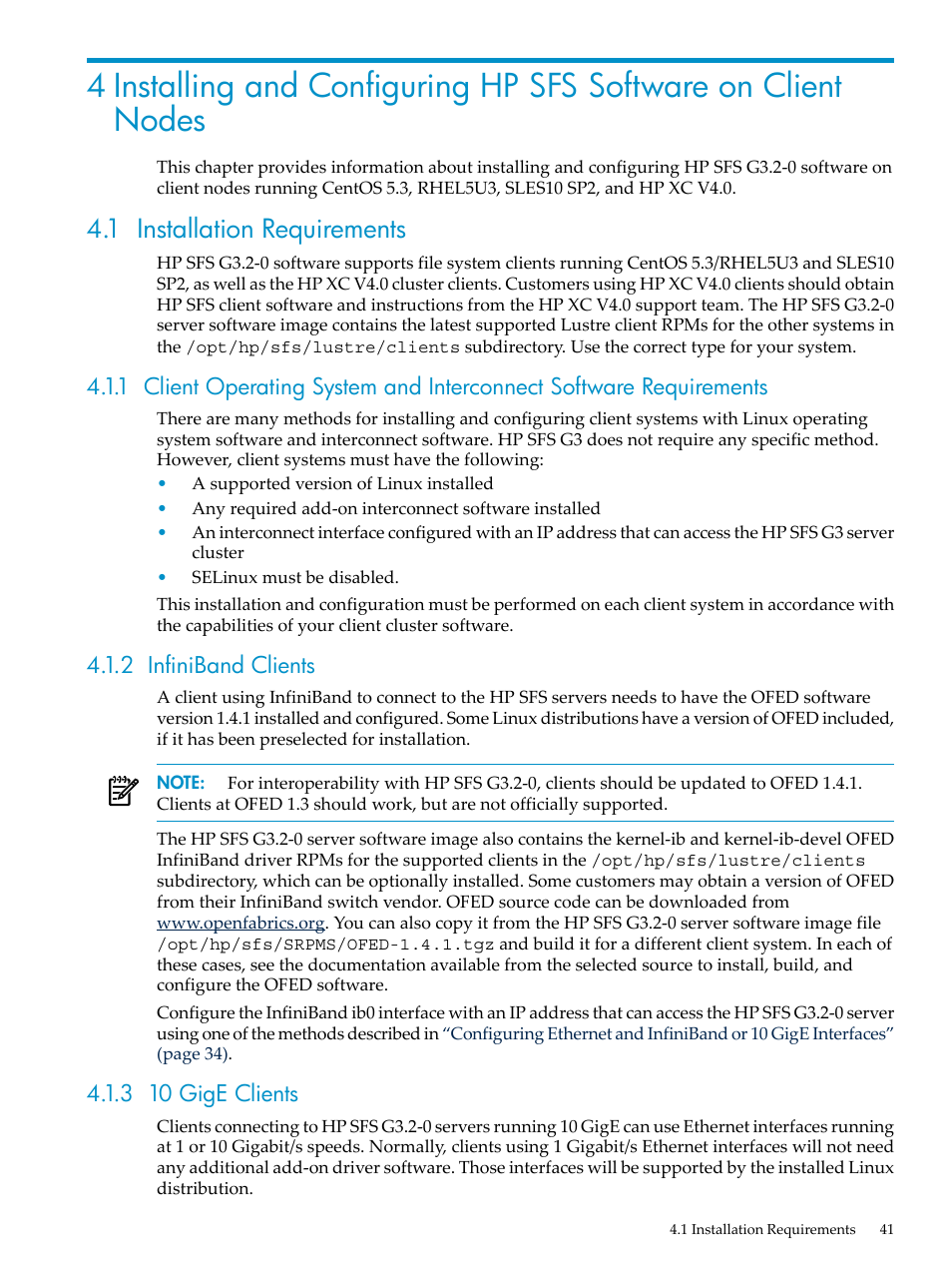 1 installation requirements, 2 infiniband clients, 3 10 gige clients | HP StorageWorks Scalable File Share User Manual | Page 41 / 84