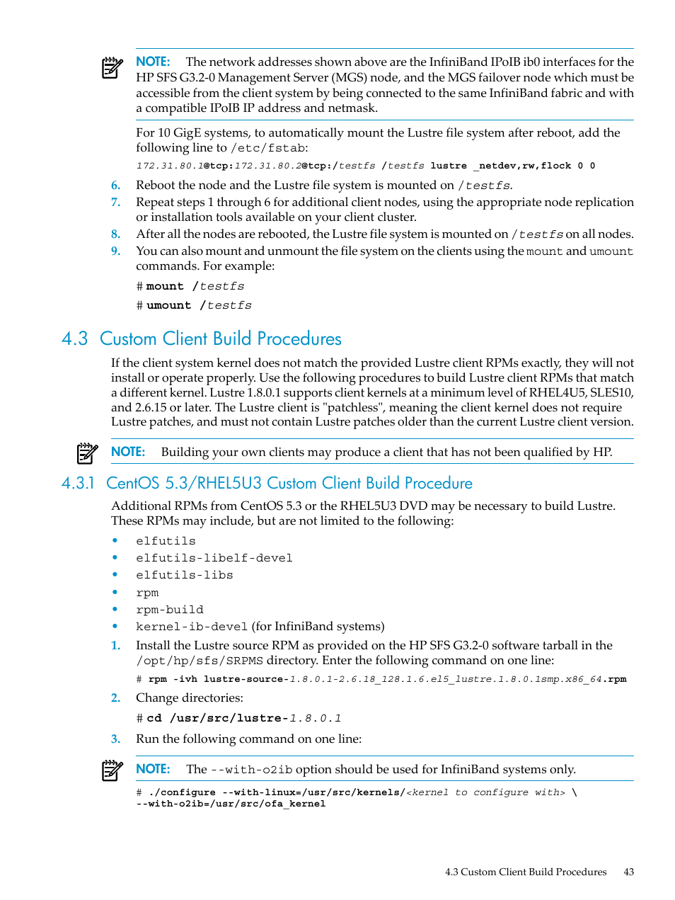 3 custom client build procedures, 1 centos 5.3/rhel5u3 custom client build procedure | HP StorageWorks Scalable File Share User Manual | Page 43 / 84