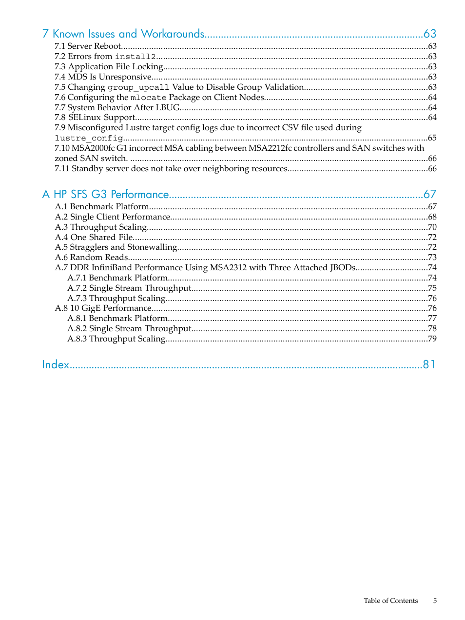 7 known issues and workarounds, A hp sfs g3 performance, Index | HP StorageWorks Scalable File Share User Manual | Page 5 / 84