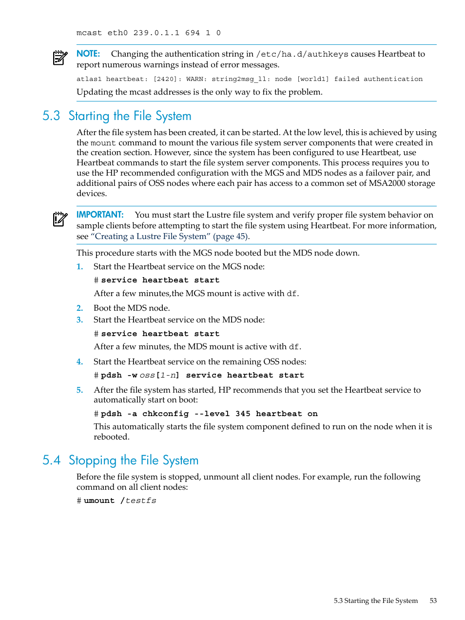 3 starting the file system, 4 stopping the file system | HP StorageWorks Scalable File Share User Manual | Page 53 / 84