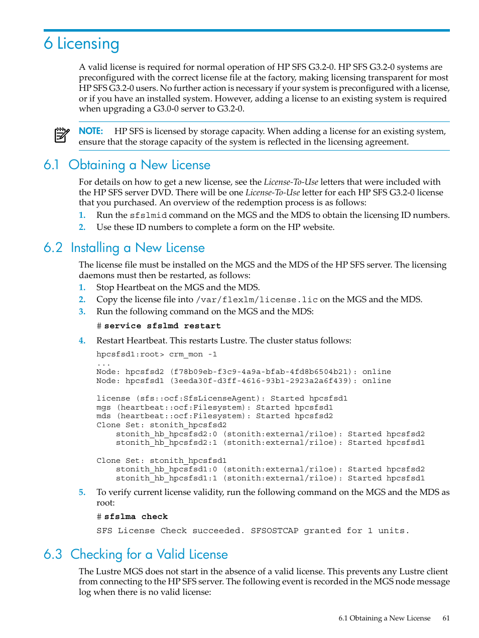 6 licensing, 1 obtaining a new license, 2 installing a new license | 3 checking for a valid license | HP StorageWorks Scalable File Share User Manual | Page 61 / 84