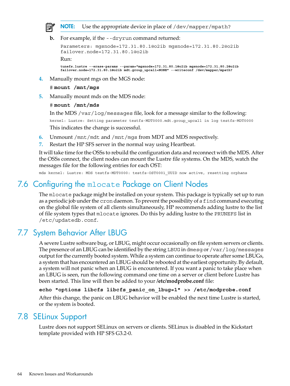 6 configuring the mlocate package on client nodes, 7 system behavior after lbug, 8 selinux support | HP StorageWorks Scalable File Share User Manual | Page 64 / 84