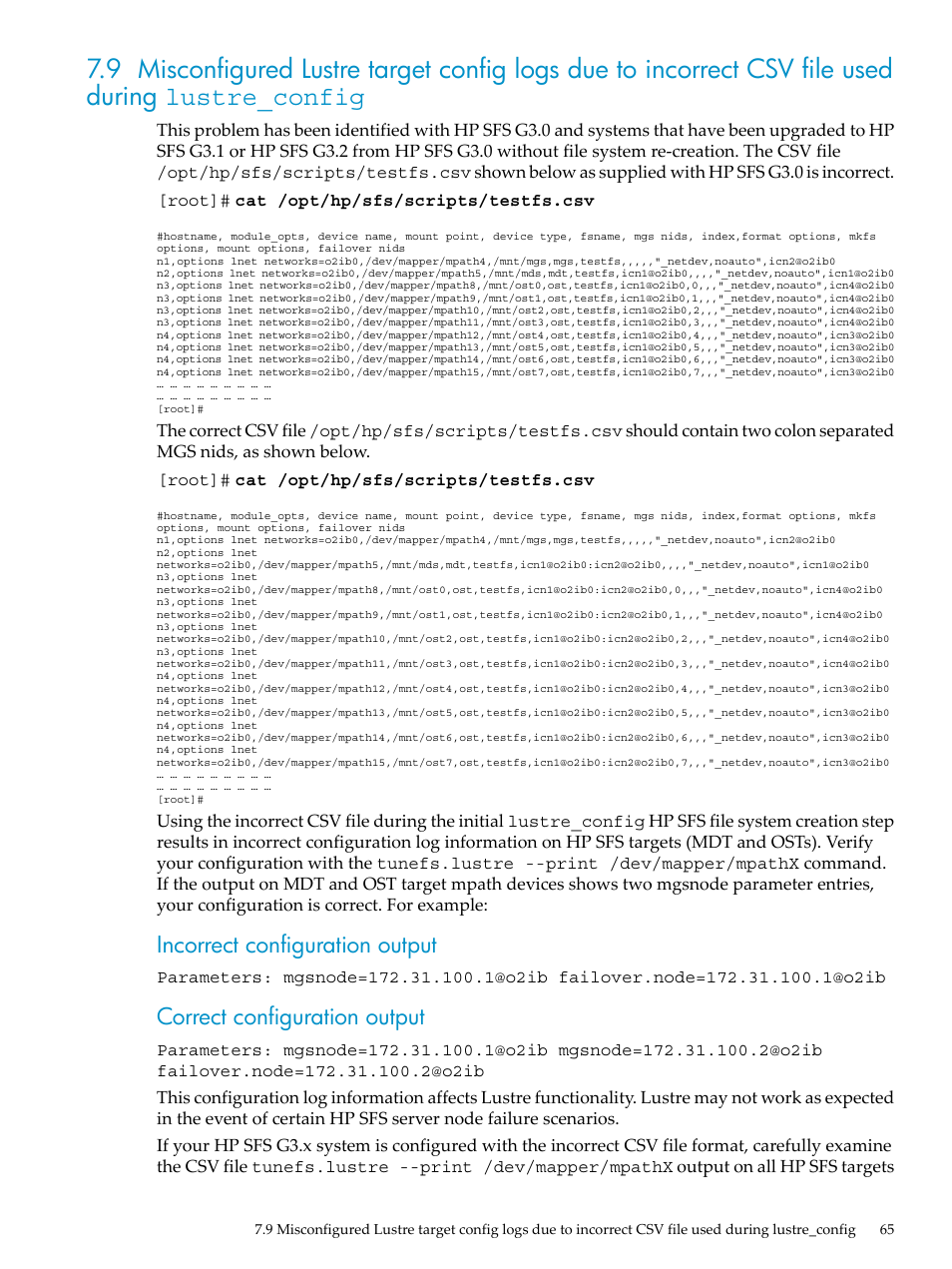 Incorrect configuration output, Correct configuration output | HP StorageWorks Scalable File Share User Manual | Page 65 / 84
