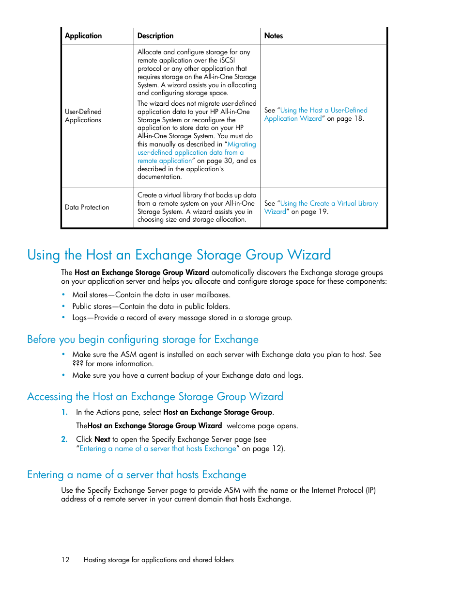 Using the host an exchange storage group wizard, Entering a name of a server that hosts exchange, Using the host an exchange storage group | Wizard, Using the host an exchange storage, Group wizard, Before you begin configuring storage for exchange | HP StorageWorks All-in-One SB600c Storage Blade User Manual | Page 12 / 80