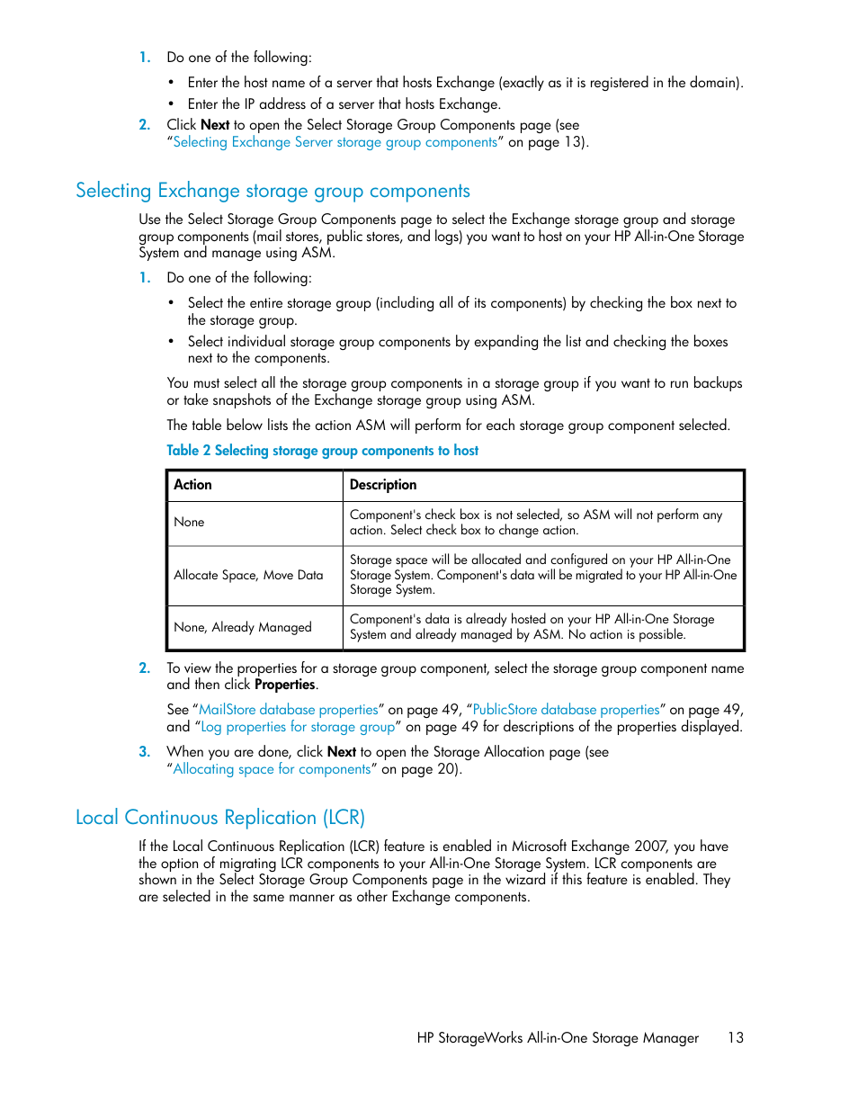Selecting exchange storage group components, Local continuous replication (lcr), 13 local continuous replication (lcr) | Selecting storage group components to host | HP StorageWorks All-in-One SB600c Storage Blade User Manual | Page 13 / 80