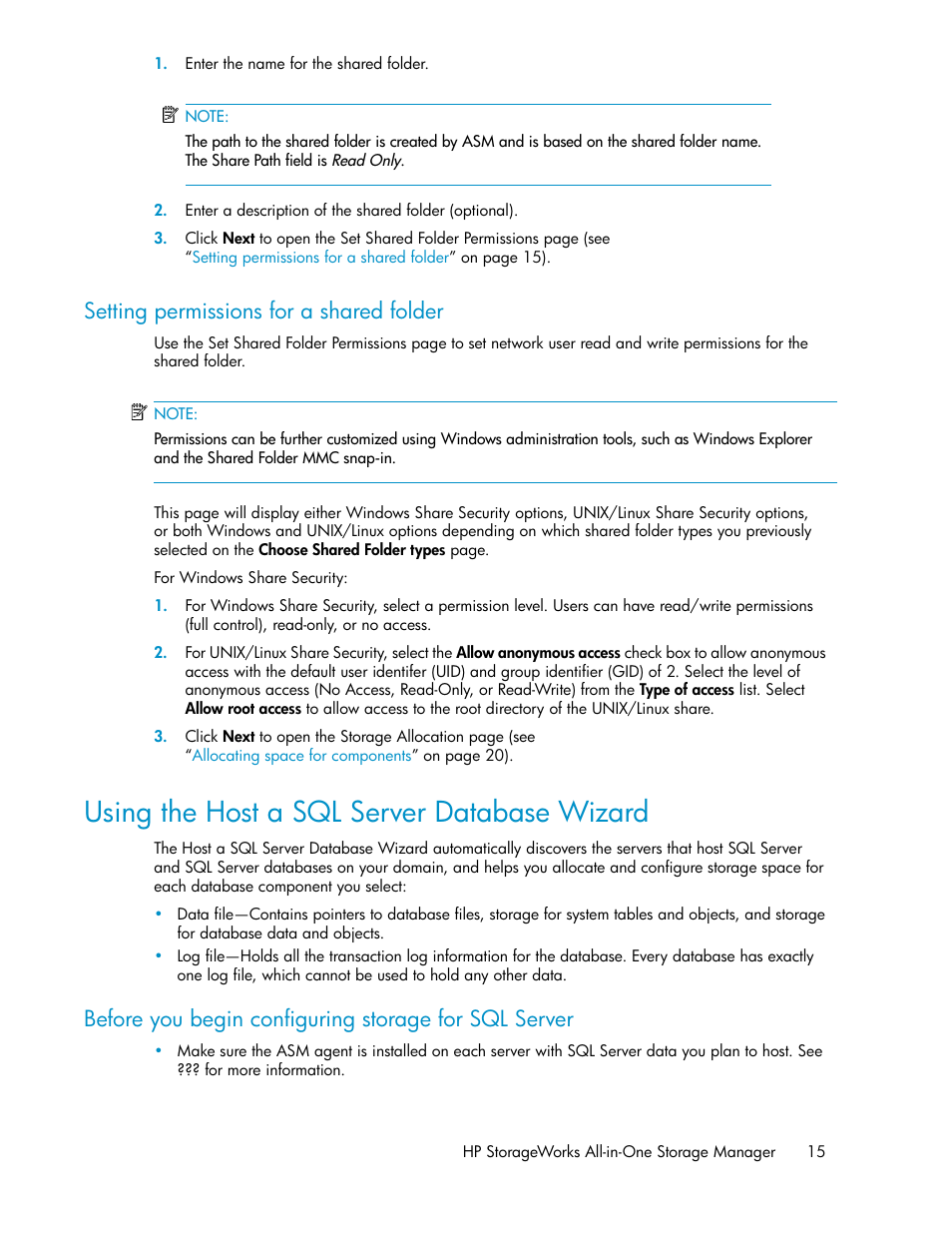 Setting permissions for a shared folder, Using the host a sql server database wizard, Using the host a sql server database | Wizard, Using the host a sql server, Database wizard | HP StorageWorks All-in-One SB600c Storage Blade User Manual | Page 15 / 80