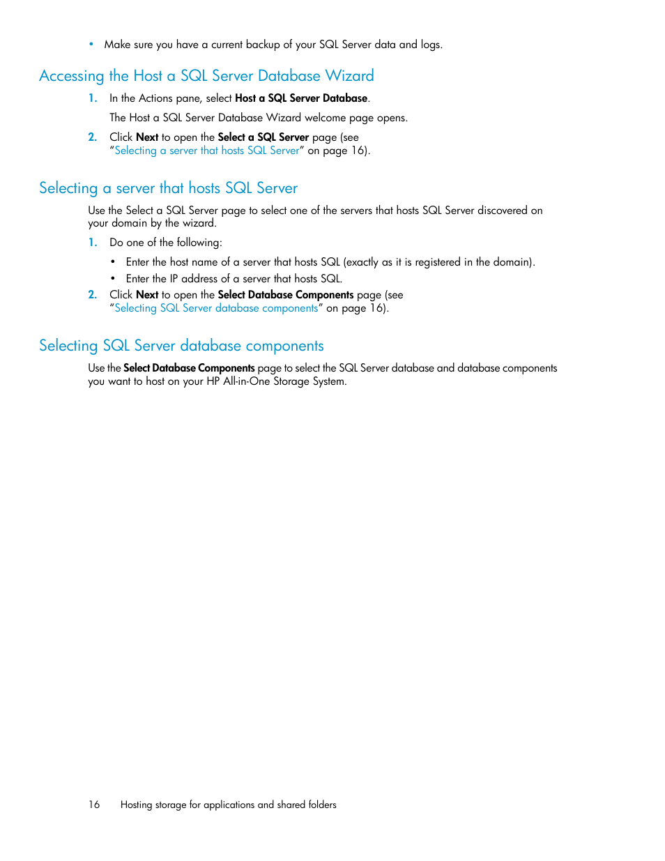 Selecting a server that hosts sql server, Selecting sql server database components, 16 selecting sql server database components | Accessing the host a sql server database wizard | HP StorageWorks All-in-One SB600c Storage Blade User Manual | Page 16 / 80