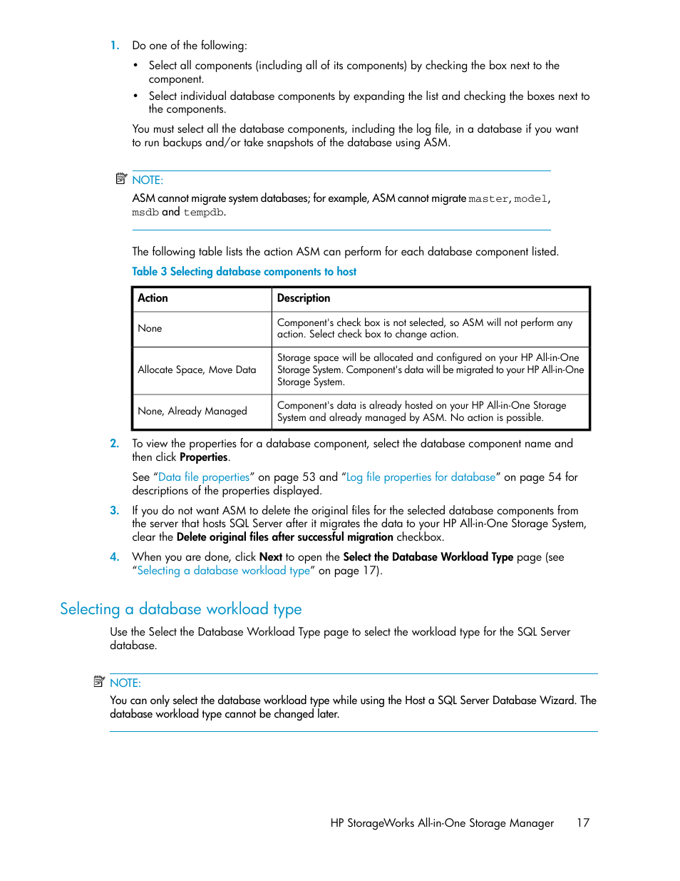Selecting a database workload type, Selecting database components to host | HP StorageWorks All-in-One SB600c Storage Blade User Manual | Page 17 / 80