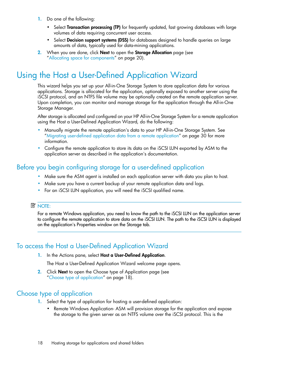 Using the host a user-defined application wizard, Choose type of application, Using the host a user-defined application | Wizard, Using the host a user-defined, Application wizard | HP StorageWorks All-in-One SB600c Storage Blade User Manual | Page 18 / 80