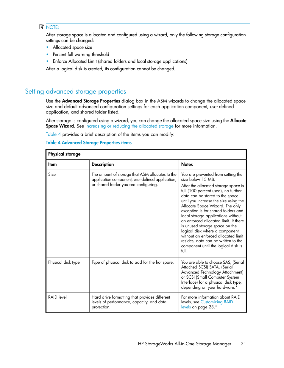 Setting advanced storage properties, Advanced storage properties items | HP StorageWorks All-in-One SB600c Storage Blade User Manual | Page 21 / 80
