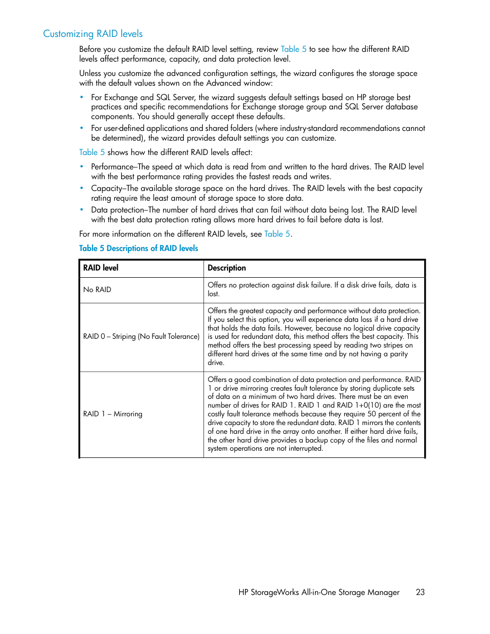 Descriptions of raid levels, Customizing raid, Levels | HP StorageWorks All-in-One SB600c Storage Blade User Manual | Page 23 / 80