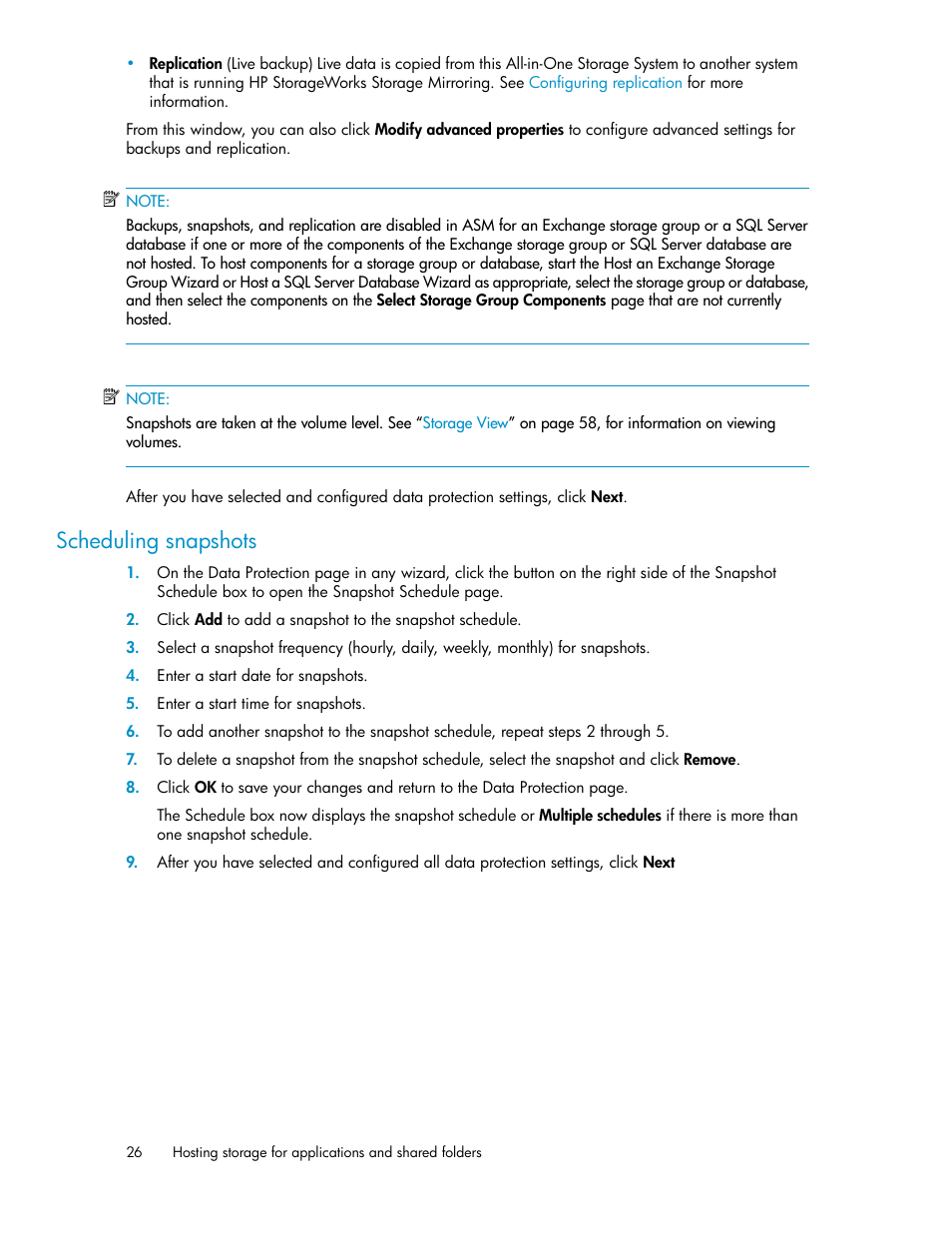Scheduling snapshots | HP StorageWorks All-in-One SB600c Storage Blade User Manual | Page 26 / 80