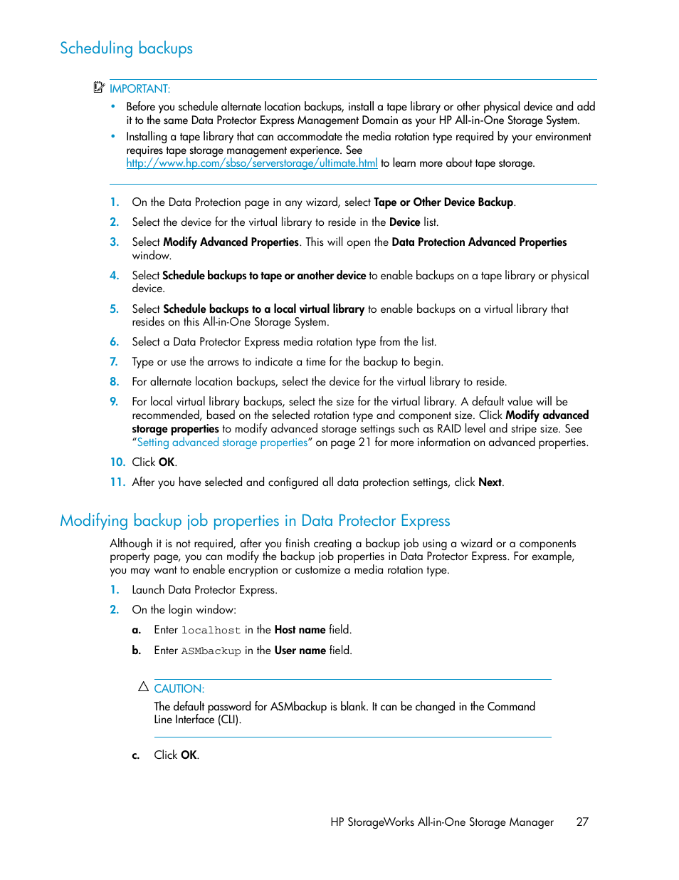 Scheduling backups | HP StorageWorks All-in-One SB600c Storage Blade User Manual | Page 27 / 80