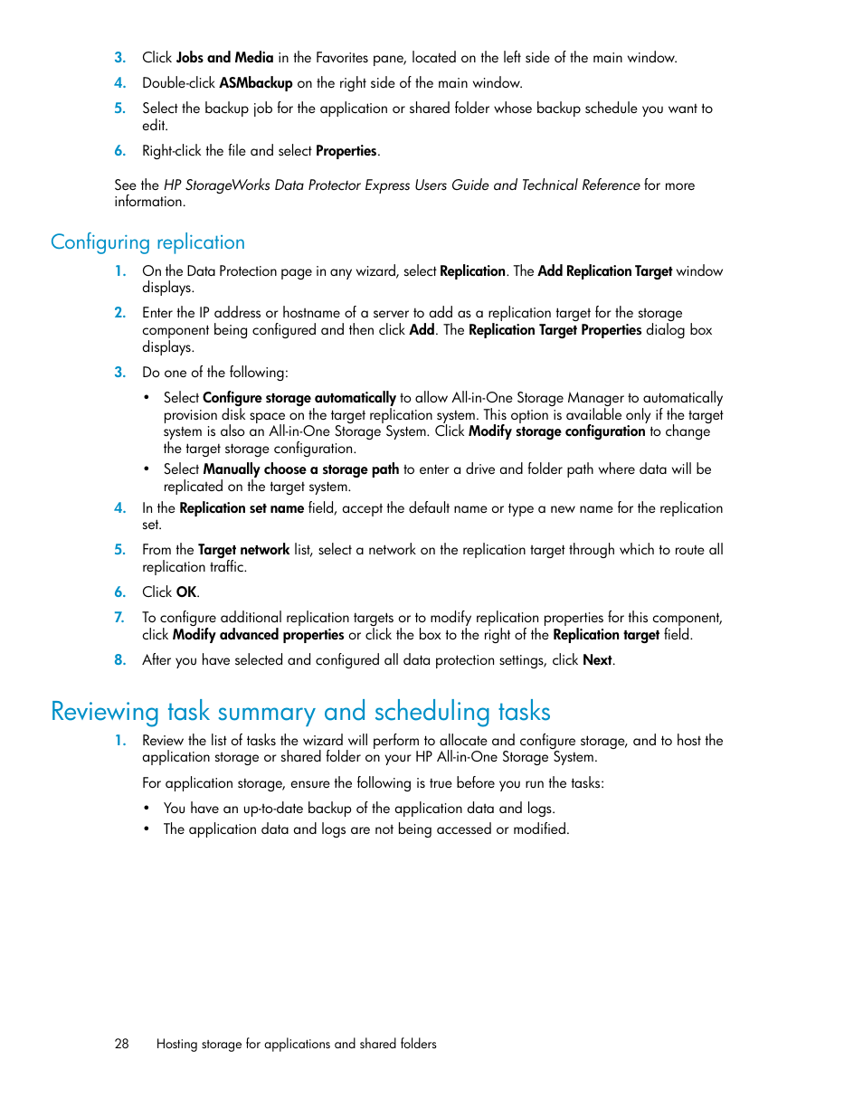 Reviewing task summary and scheduling tasks, Configuring replication | HP StorageWorks All-in-One SB600c Storage Blade User Manual | Page 28 / 80