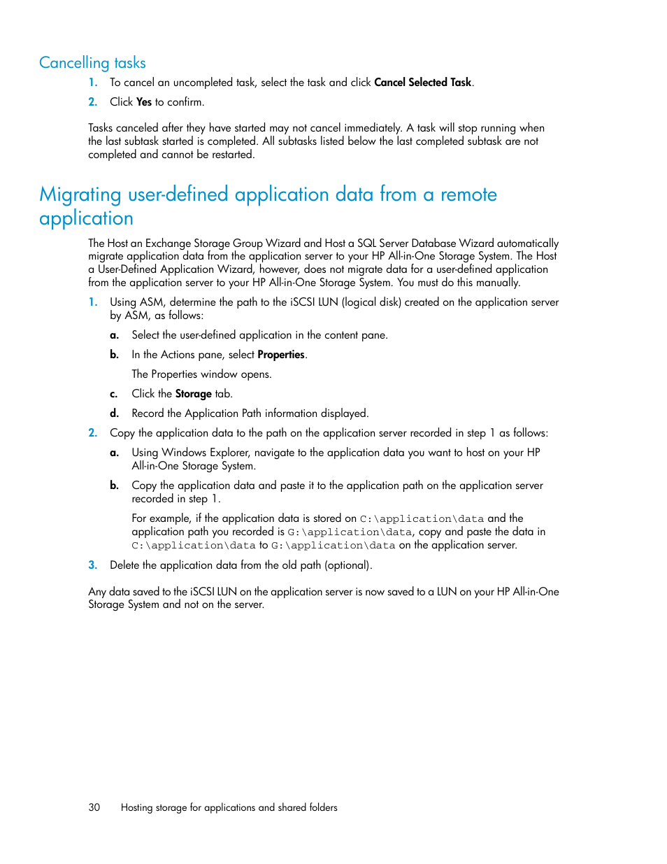 Cancelling tasks, Ibed in, Migrating | HP StorageWorks All-in-One SB600c Storage Blade User Manual | Page 30 / 80