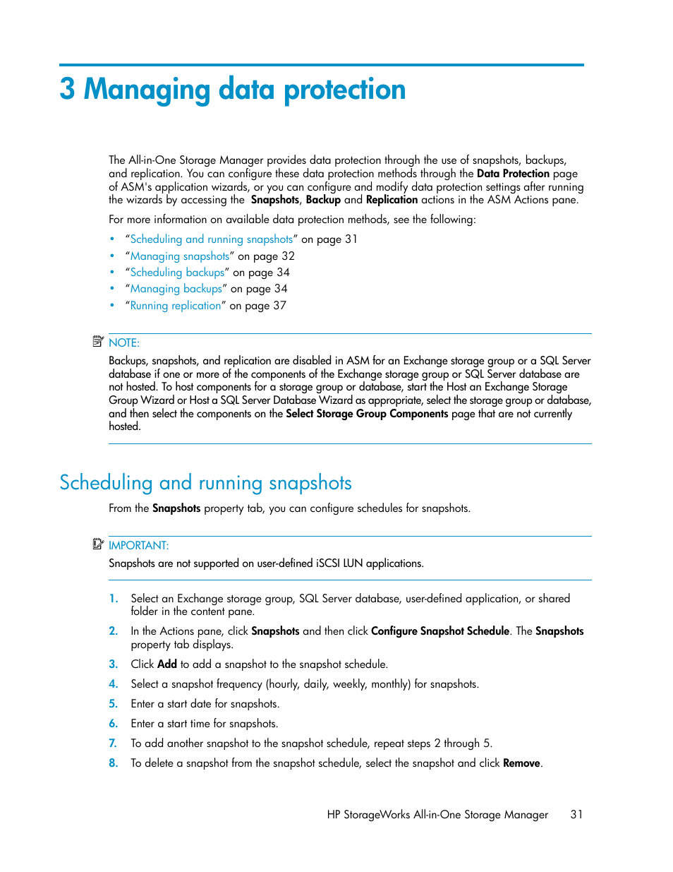 3 managing data protection, Scheduling and running snapshots, Data protection | HP StorageWorks All-in-One SB600c Storage Blade User Manual | Page 31 / 80