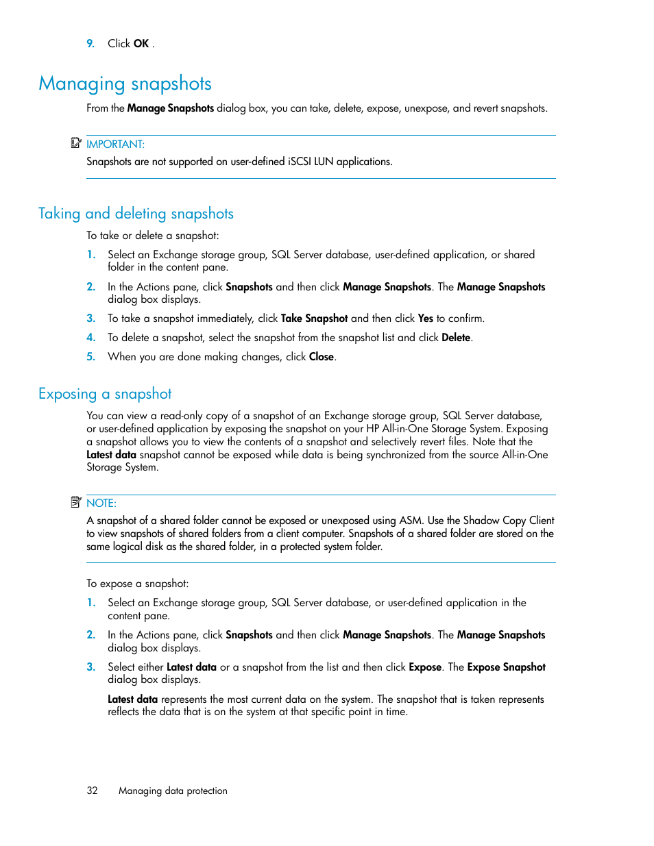 Managing snapshots, Taking and deleting snapshots, Exposing a snapshot | 32 exposing a snapshot | HP StorageWorks All-in-One SB600c Storage Blade User Manual | Page 32 / 80