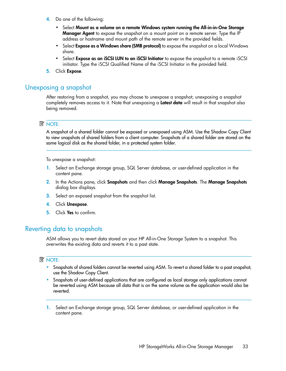 Unexposing a snapshot, Reverting data to snapshots, 33 reverting data to snapshots | HP StorageWorks All-in-One SB600c Storage Blade User Manual | Page 33 / 80