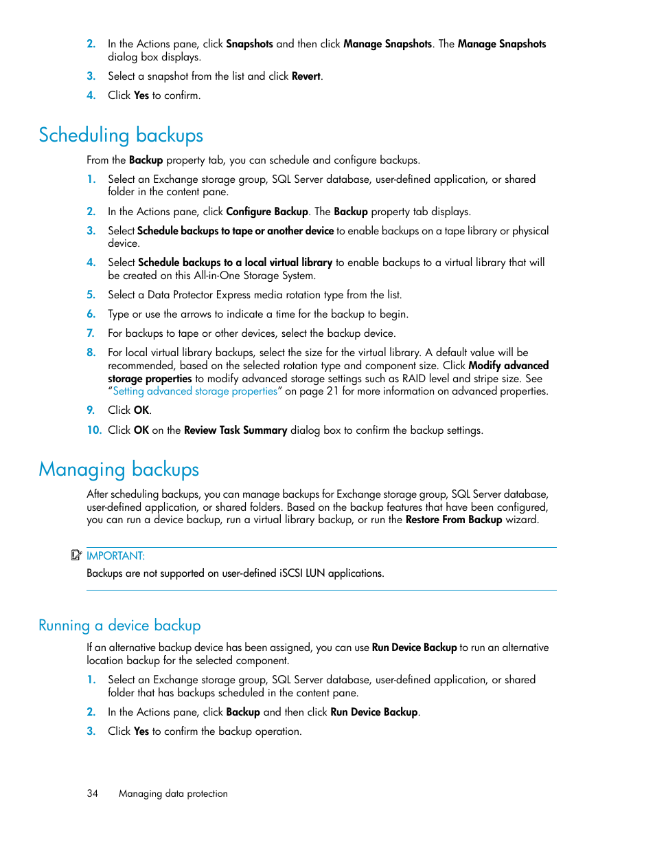 Scheduling backups, Managing backups, Running a device backup | 34 managing backups | HP StorageWorks All-in-One SB600c Storage Blade User Manual | Page 34 / 80