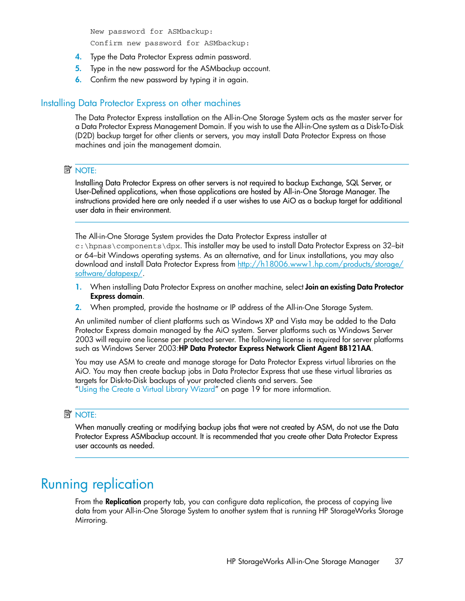 Running replication, Installing data protector express on other devices | HP StorageWorks All-in-One SB600c Storage Blade User Manual | Page 37 / 80