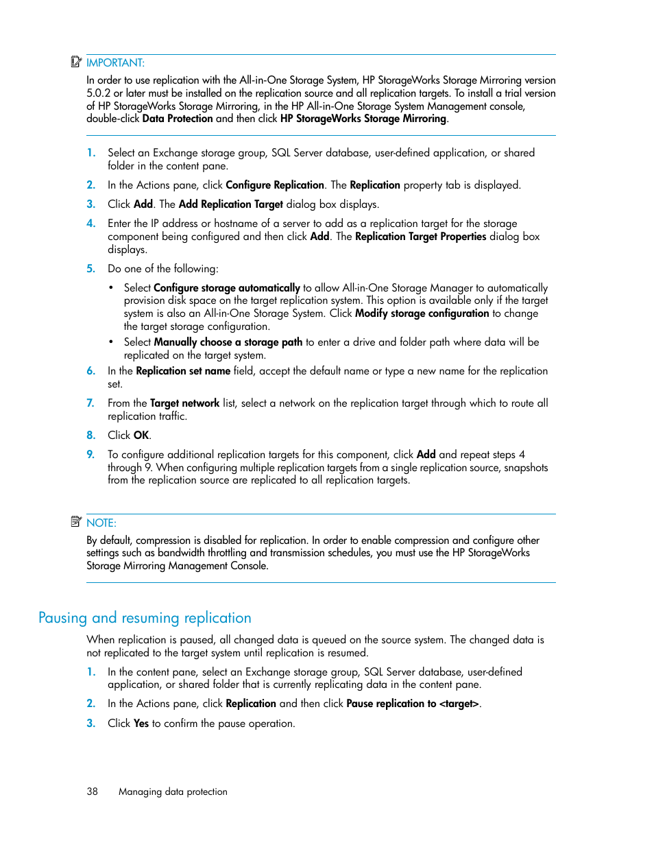 Pausing and resuming replication | HP StorageWorks All-in-One SB600c Storage Blade User Manual | Page 38 / 80