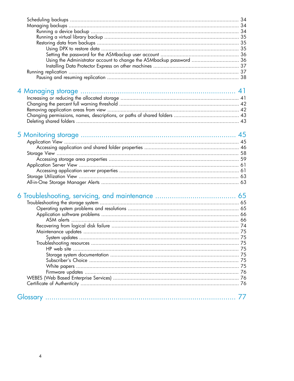 4 managing storage, 5 monitoring storage, 6 troubleshooting, servicing, and maintenance | Glossary | HP StorageWorks All-in-One SB600c Storage Blade User Manual | Page 4 / 80