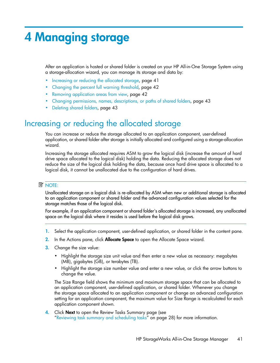 4 managing storage, Increasing or reducing the allocated storage, Managing storage | HP StorageWorks All-in-One SB600c Storage Blade User Manual | Page 41 / 80