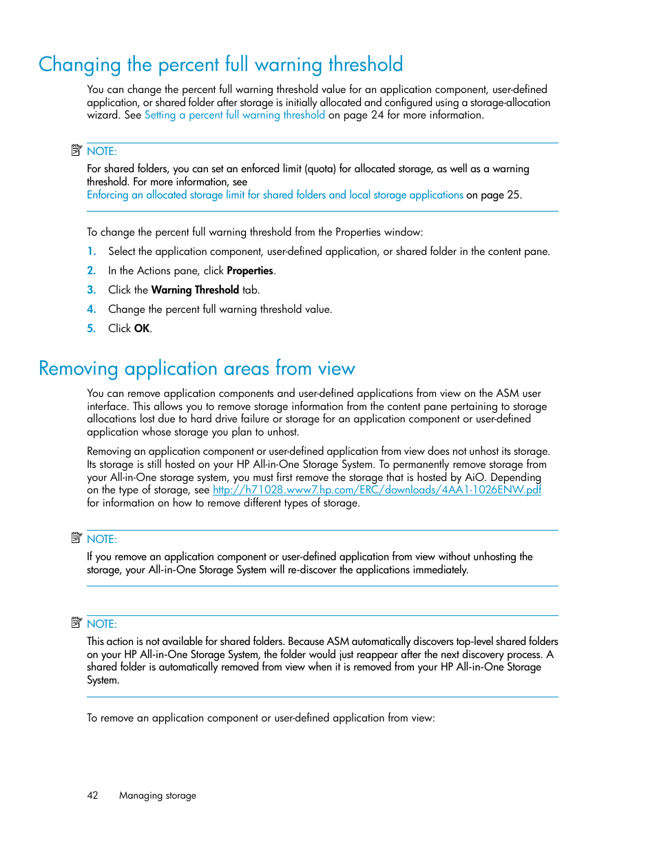 Changing the percent full warning threshold, Removing application areas from view, 42 removing application areas from view | HP StorageWorks All-in-One SB600c Storage Blade User Manual | Page 42 / 80