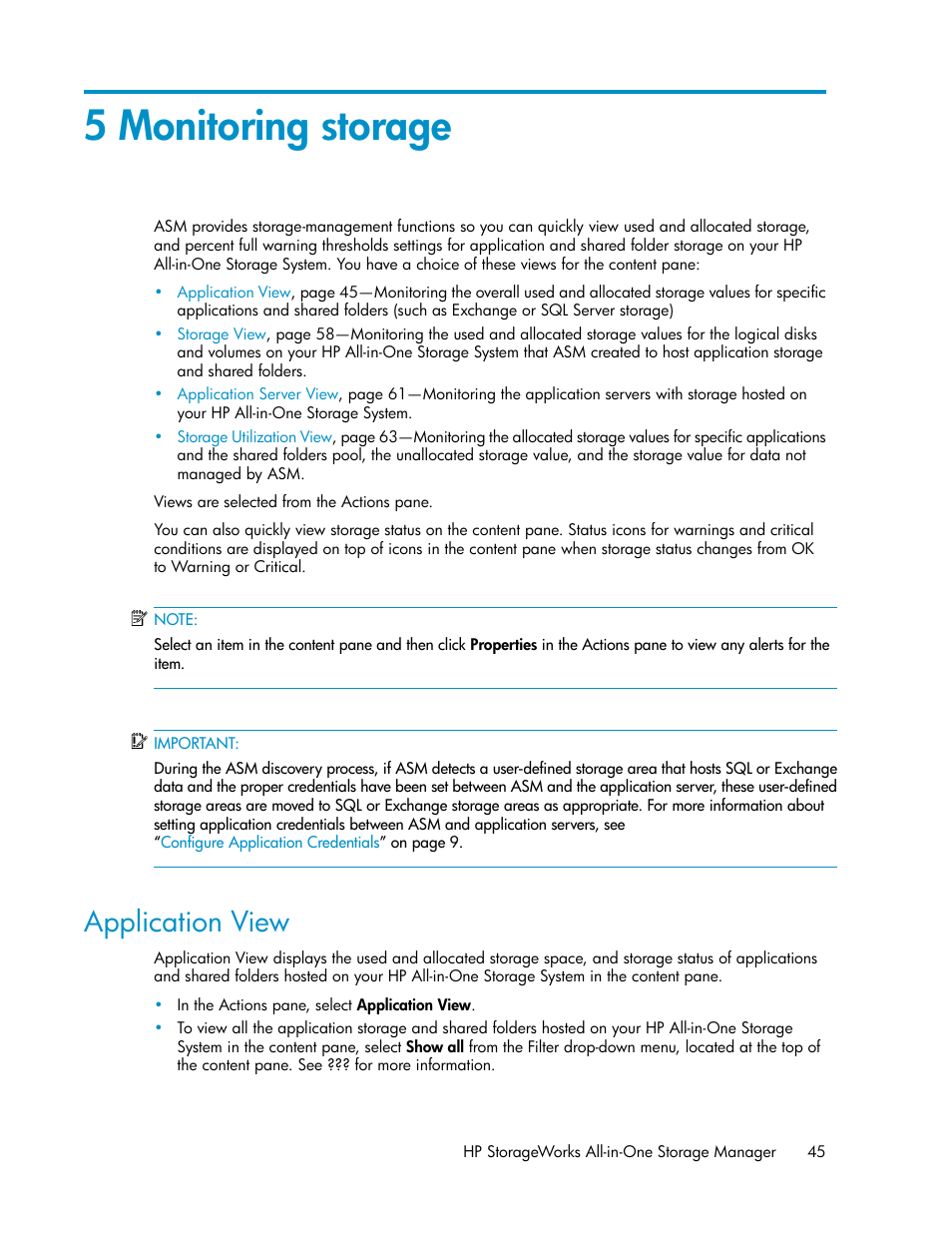5 monitoring storage, Application view, Monitoring storage | HP StorageWorks All-in-One SB600c Storage Blade User Manual | Page 45 / 80