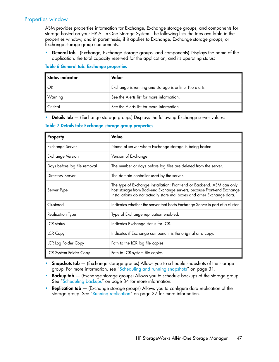 General tab: exchange properties, Details tab: exchange storage group properties, Properties window | HP StorageWorks All-in-One SB600c Storage Blade User Manual | Page 47 / 80