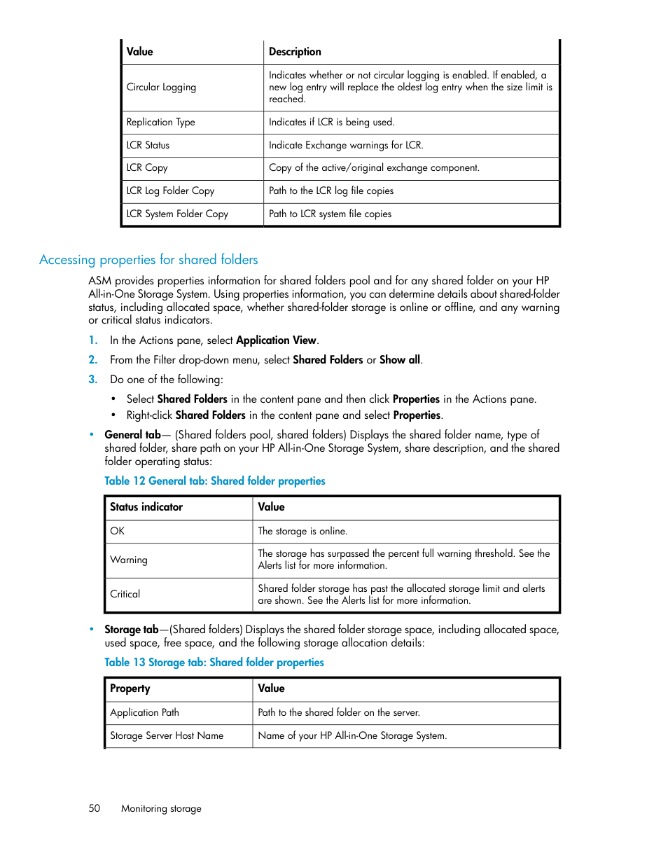General tab: shared folder properties, Storage tab: shared folder properties, Accessing properties for shared folders | HP StorageWorks All-in-One SB600c Storage Blade User Manual | Page 50 / 80