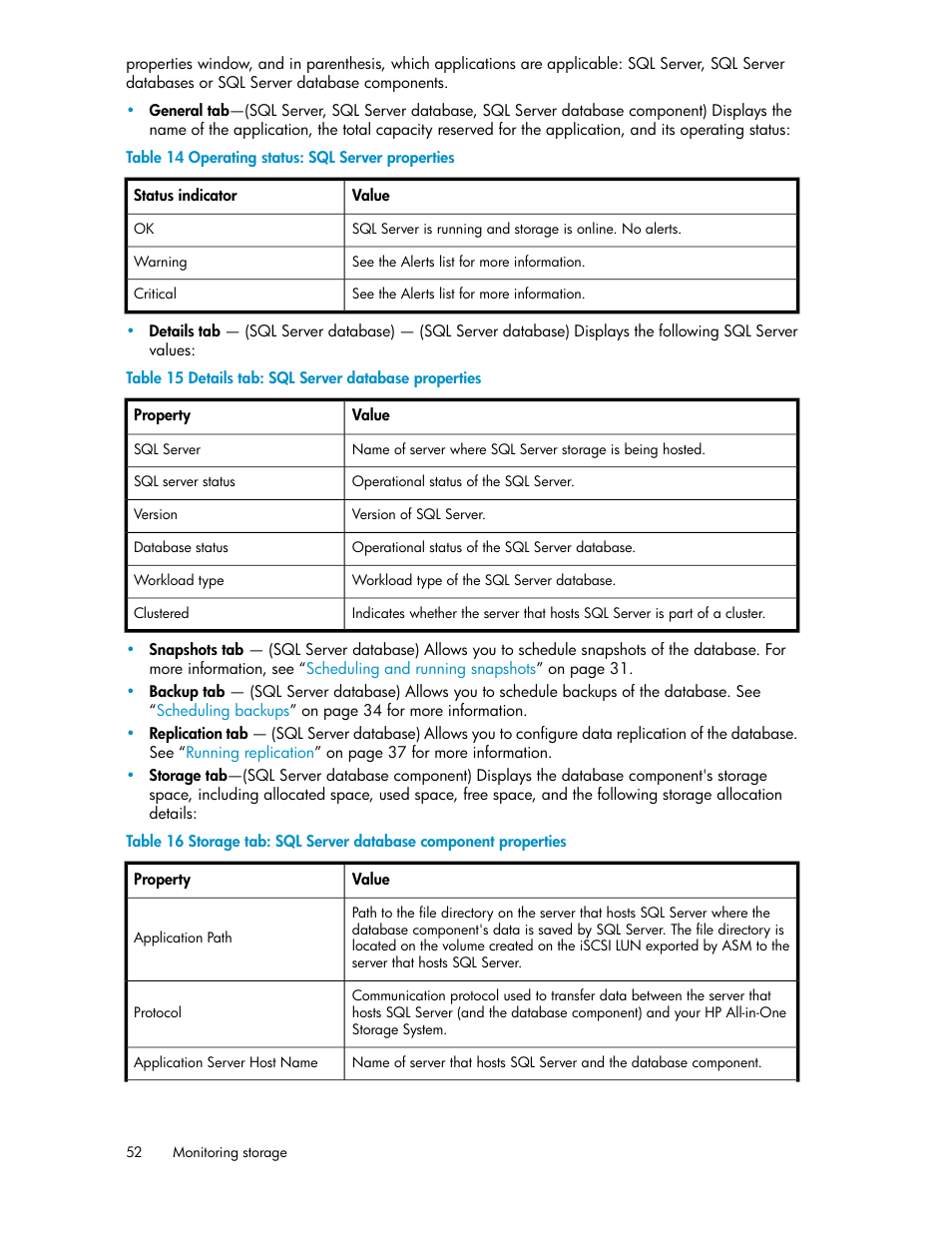Operating status: sql server properties, Details tab: sql server database properties | HP StorageWorks All-in-One SB600c Storage Blade User Manual | Page 52 / 80
