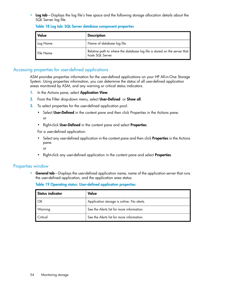 Log tab: sql server database component properties, Log file properties for database | HP StorageWorks All-in-One SB600c Storage Blade User Manual | Page 54 / 80