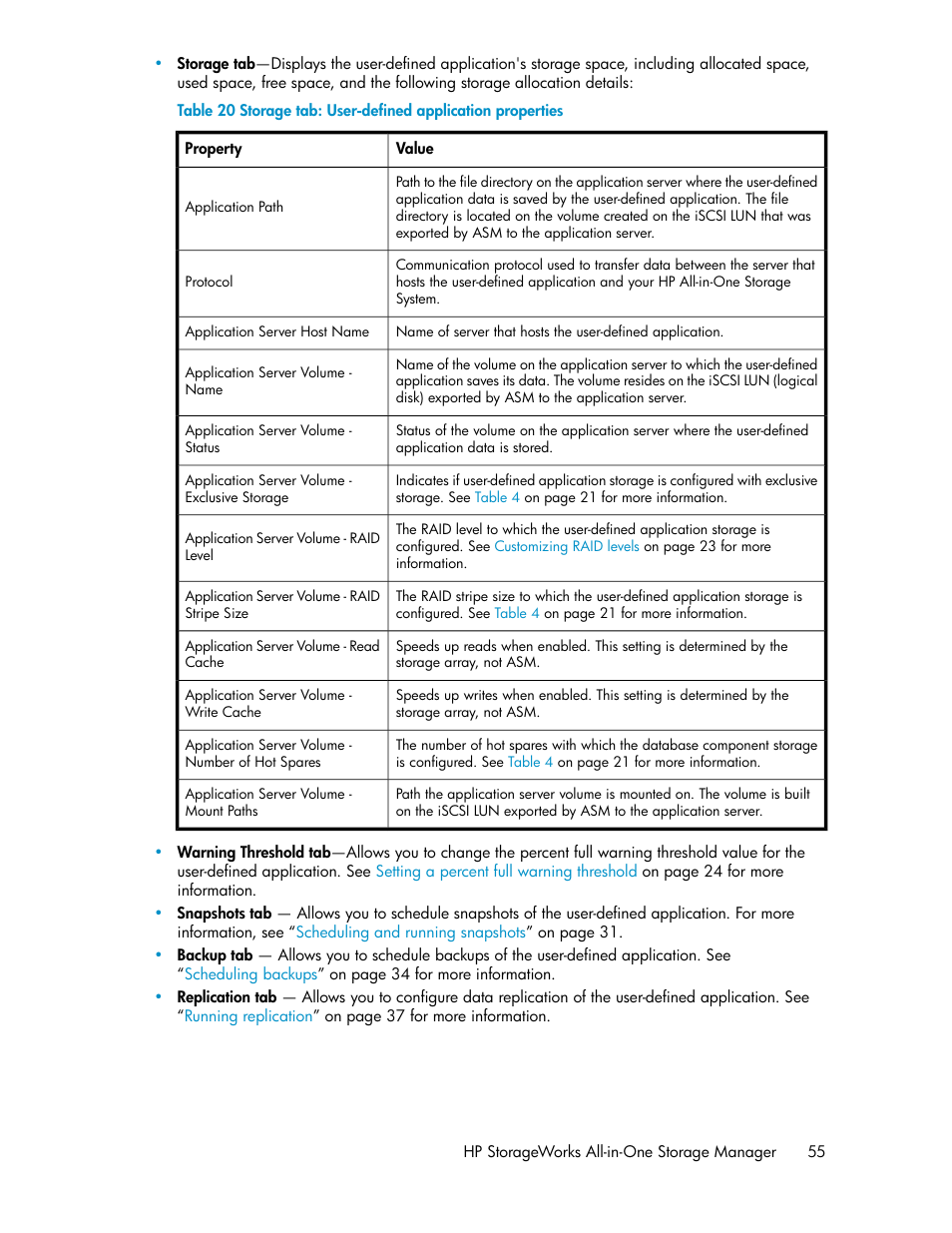 Storage tab: user-defined application properties | HP StorageWorks All-in-One SB600c Storage Blade User Manual | Page 55 / 80