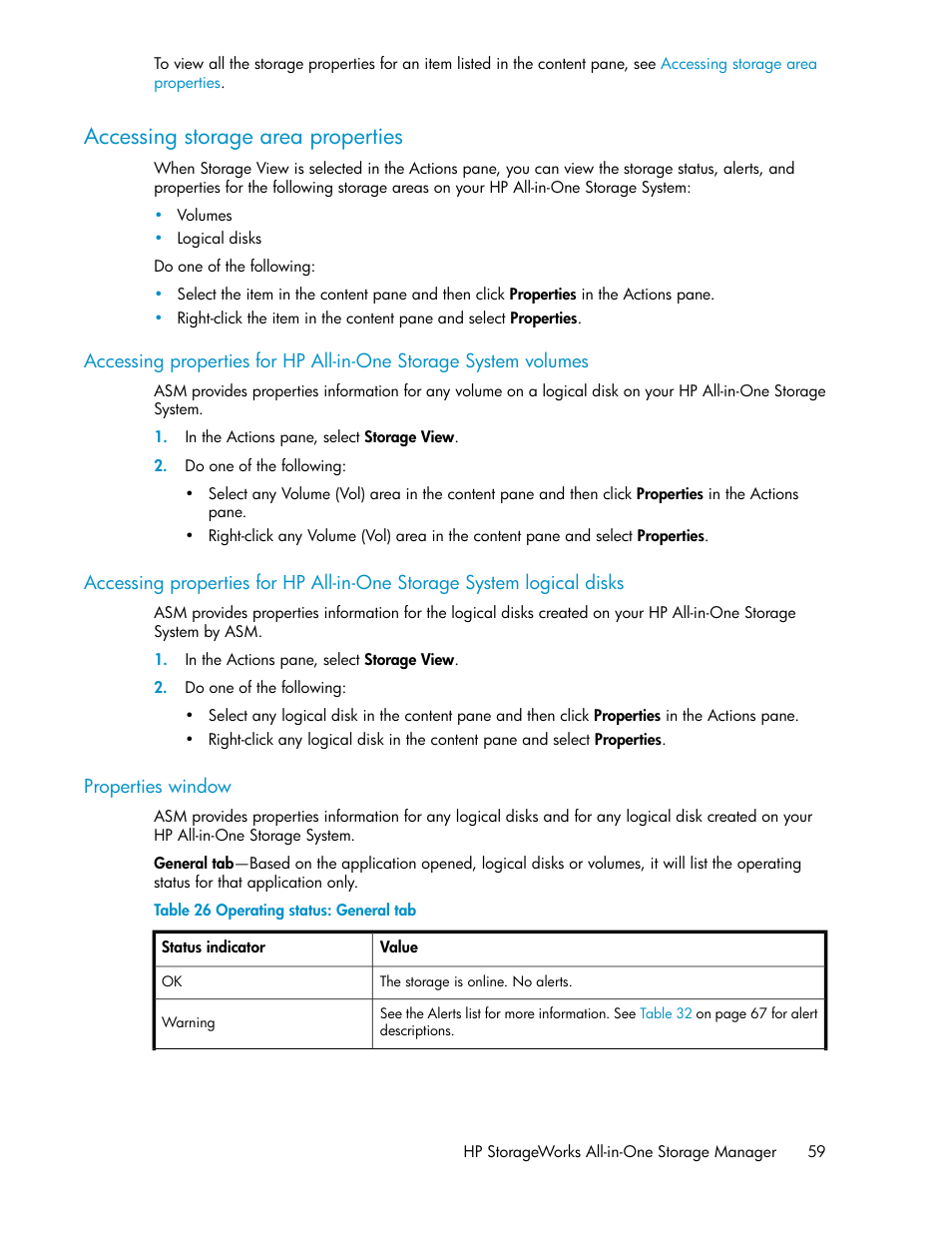 Accessing storage area properties, Operating status: general tab | HP StorageWorks All-in-One SB600c Storage Blade User Manual | Page 59 / 80