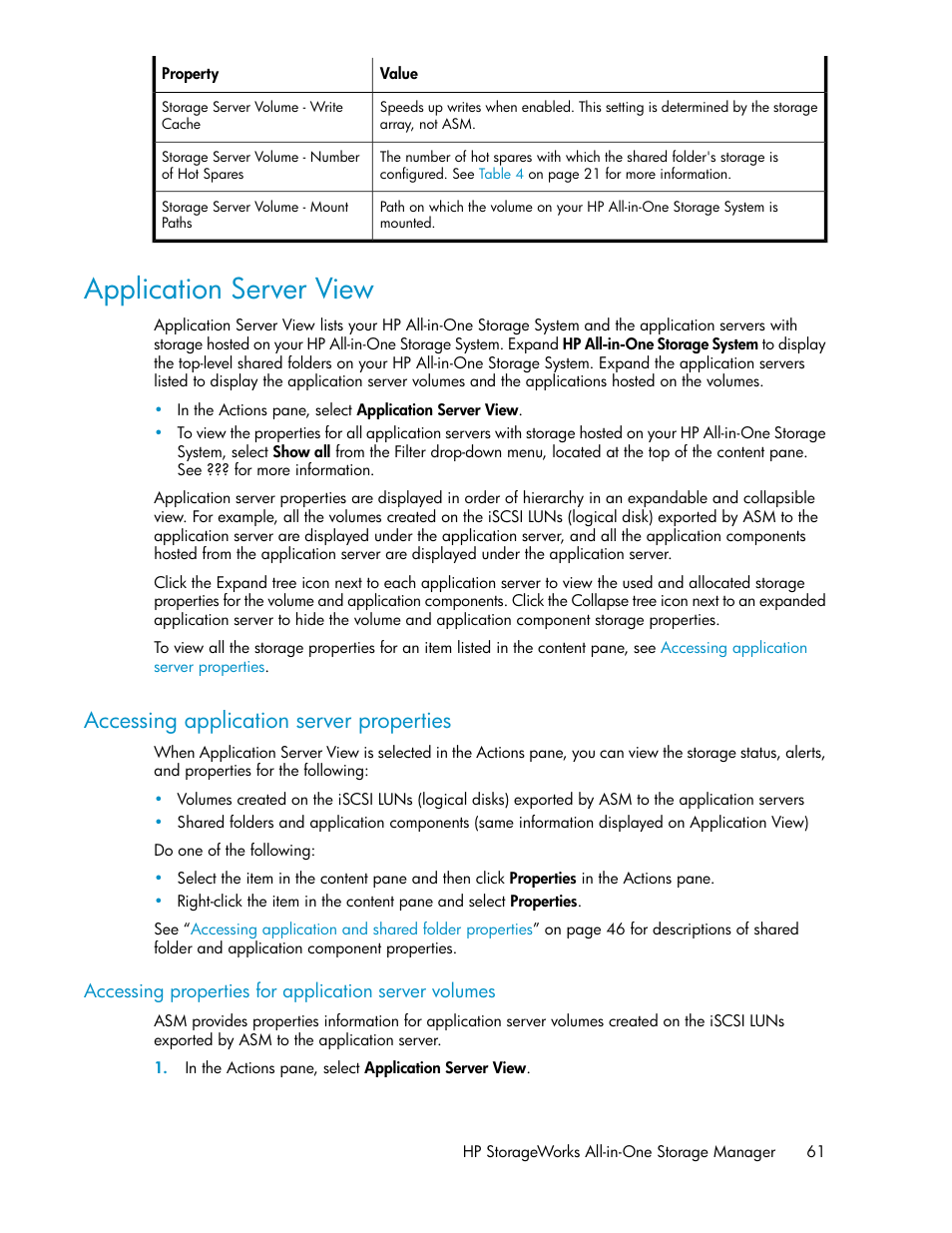 Application server view, Accessing application server properties | HP StorageWorks All-in-One SB600c Storage Blade User Manual | Page 61 / 80
