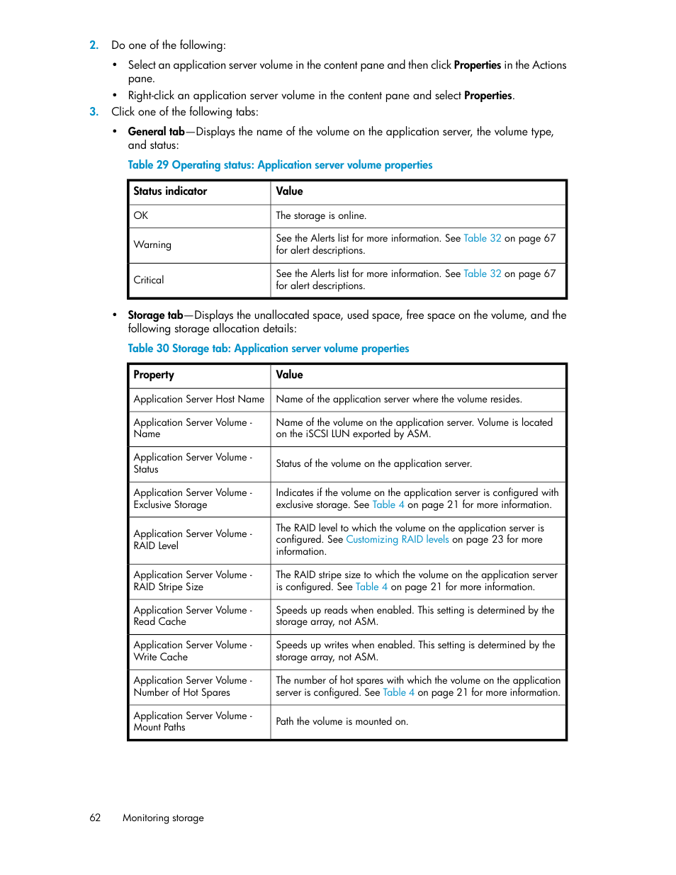 Storage tab: application server volume properties | HP StorageWorks All-in-One SB600c Storage Blade User Manual | Page 62 / 80