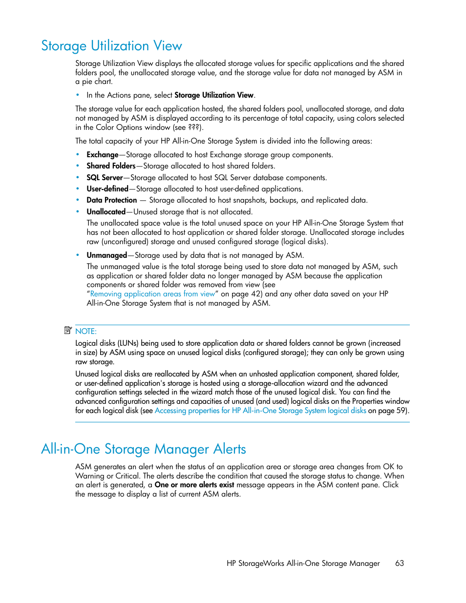 Storage utilization view, All-in-one storage manager alerts, 63 all-in-one storage manager alerts | HP StorageWorks All-in-One SB600c Storage Blade User Manual | Page 63 / 80