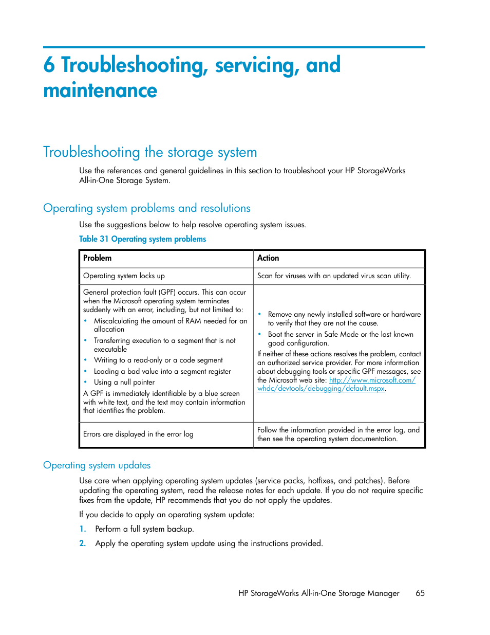 6 troubleshooting, servicing, and maintenance, Troubleshooting the storage system, Operating system problems and resolutions | Operating system problems | HP StorageWorks All-in-One SB600c Storage Blade User Manual | Page 65 / 80