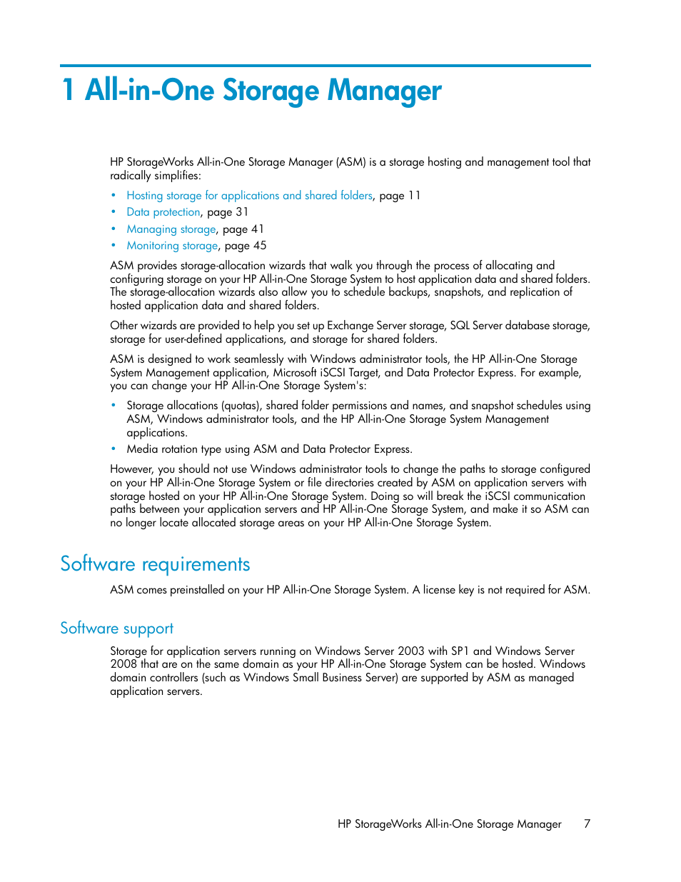 1 all-in-one storage manager, Software requirements, Software support | HP StorageWorks All-in-One SB600c Storage Blade User Manual | Page 7 / 80