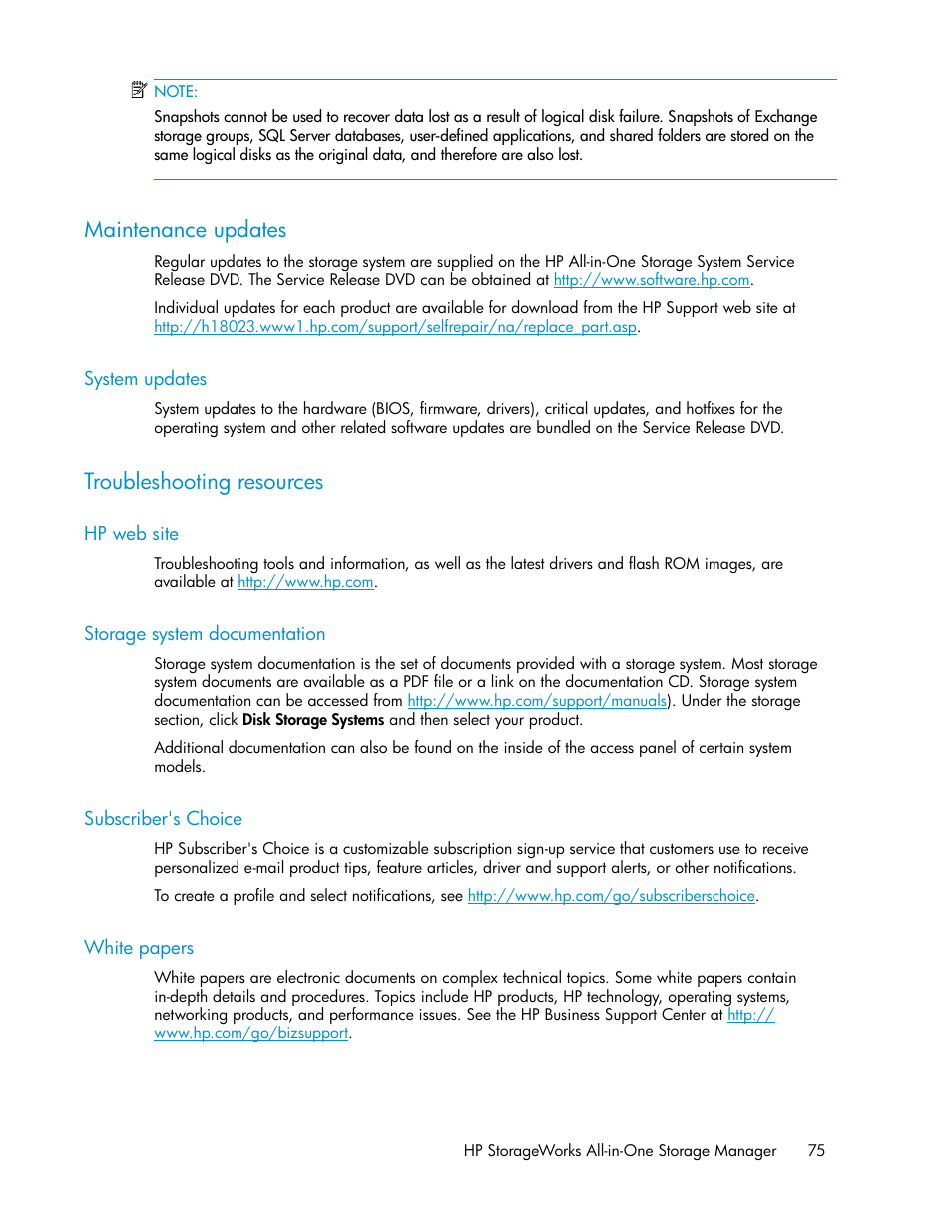 Maintenance updates, System updates, Troubleshooting resources | Hp web site, Storage system documentation, Subscriber's choice, White papers, 75 storage system documentation, 75 subscriber's choice, 75 white papers | HP StorageWorks All-in-One SB600c Storage Blade User Manual | Page 75 / 80