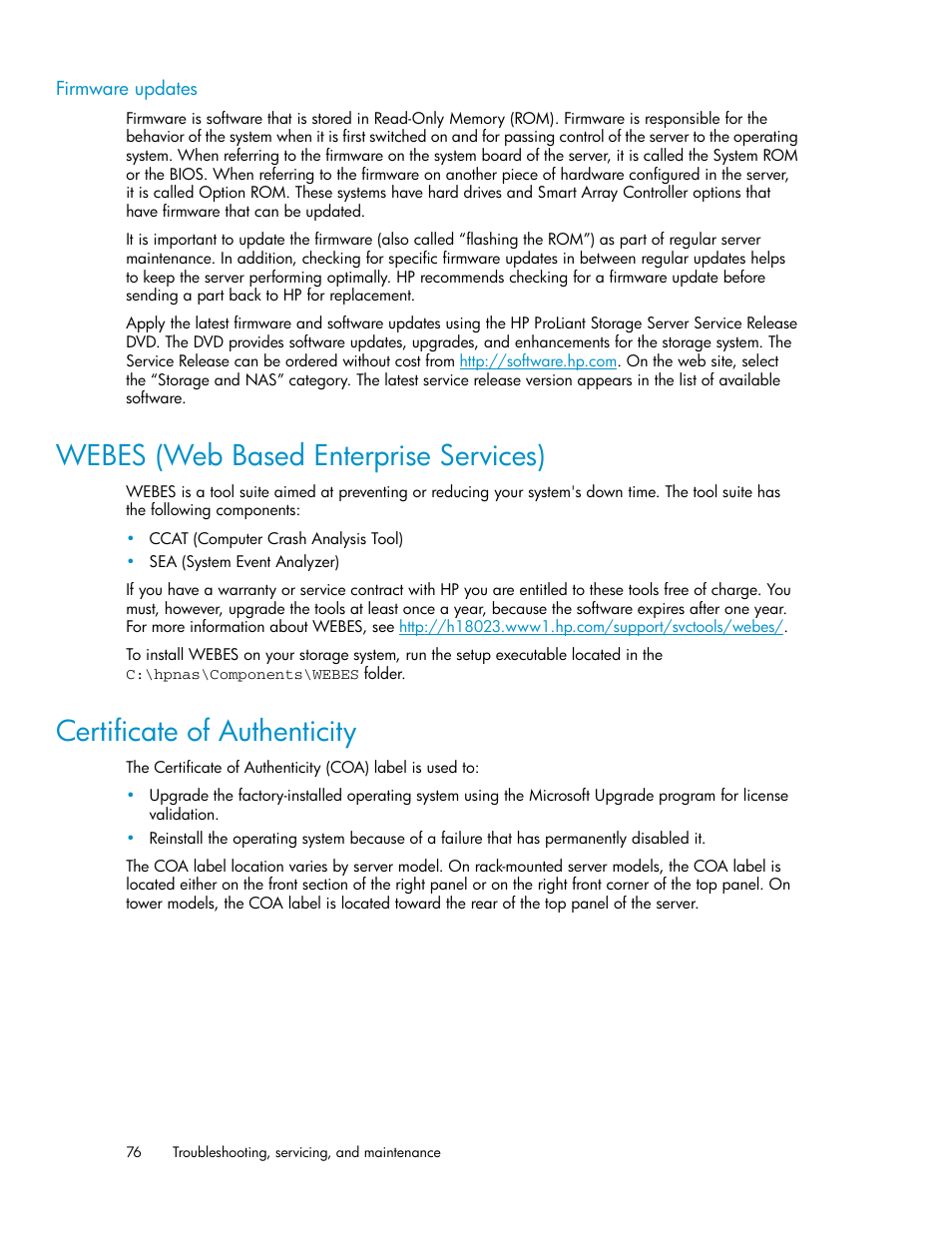 Firmware updates, Webes (web based enterprise services), Certificate of authenticity | 76 certificate of authenticity | HP StorageWorks All-in-One SB600c Storage Blade User Manual | Page 76 / 80