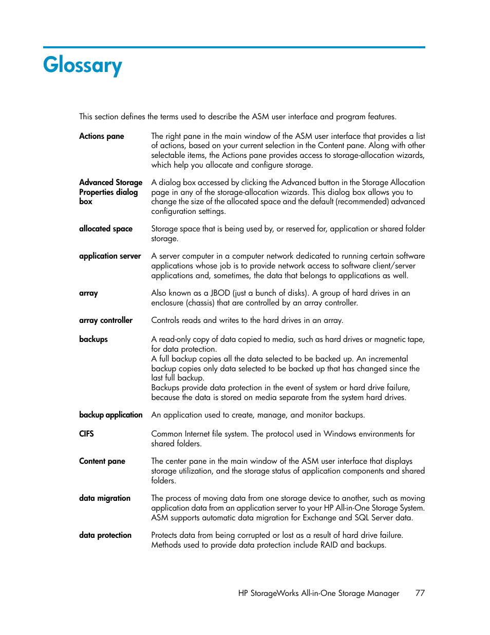 Glossary | HP StorageWorks All-in-One SB600c Storage Blade User Manual | Page 77 / 80