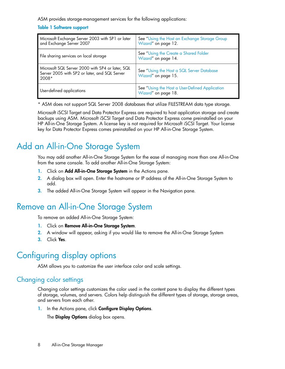 Add an all-in-one storage system, Remove an all-in-one storage system, Configuring display options | 8 remove an all-in-one storage system, 8 configuring display options, Software support, Changing color settings | HP StorageWorks All-in-One SB600c Storage Blade User Manual | Page 8 / 80