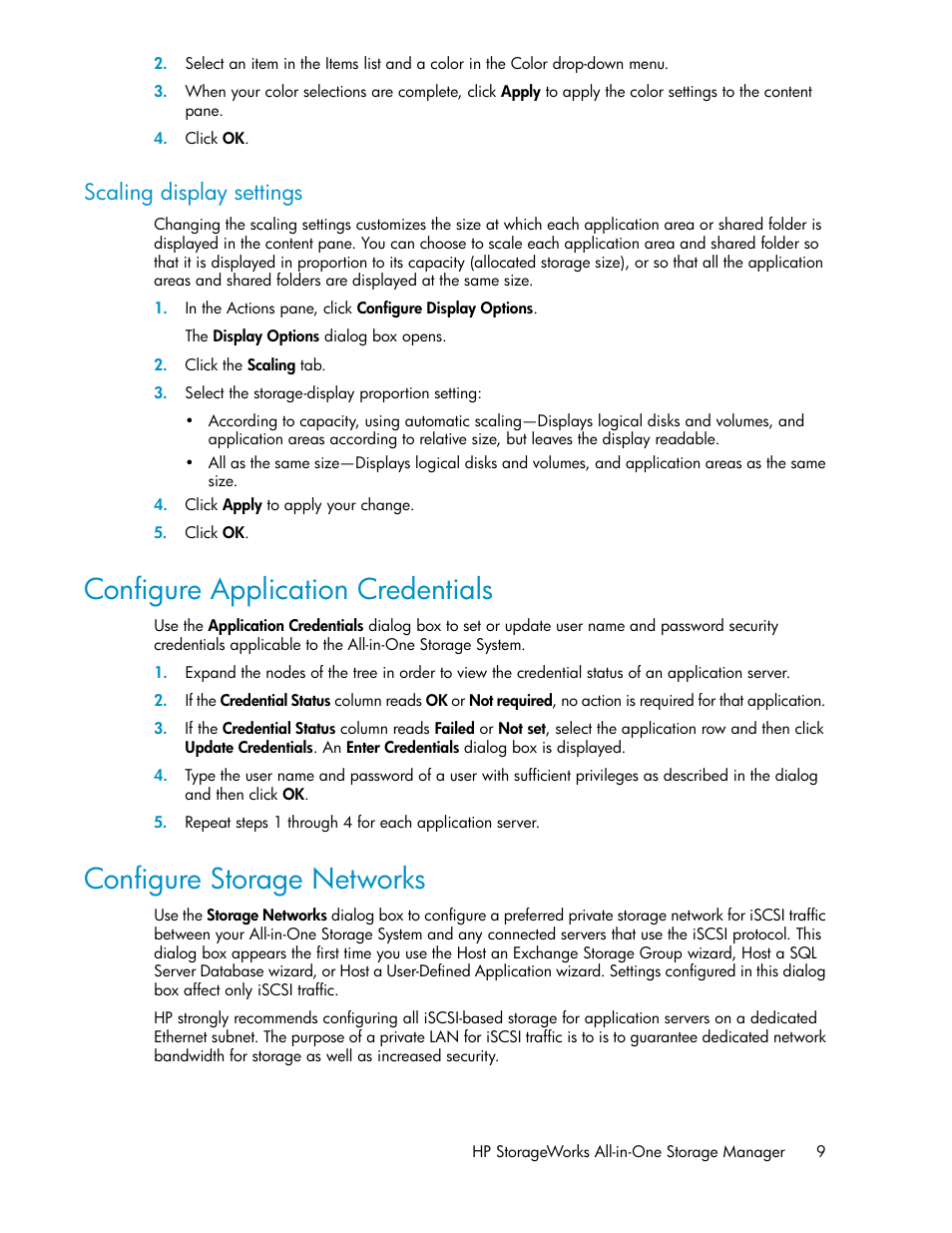 Configure application credentials, Configure storage networks, 9 configure storage networks | Scaling display settings | HP StorageWorks All-in-One SB600c Storage Blade User Manual | Page 9 / 80